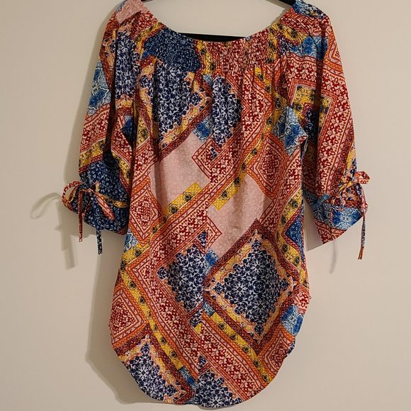 Mileage Boho Top Womens Sz 1X Colorful Patchwork Geometric Preppy Office Casual - Picture 2 of 7
